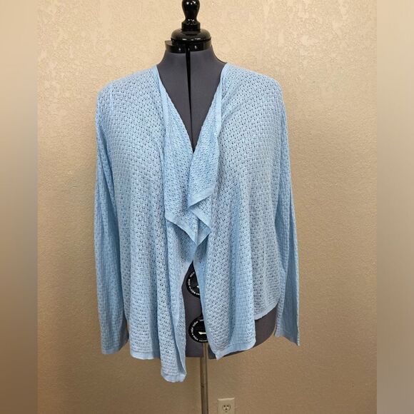 Tahari pointelle open lacy cardigan w/ shawl or waterfall neckline linen/rayon - Picture 1 of 7
